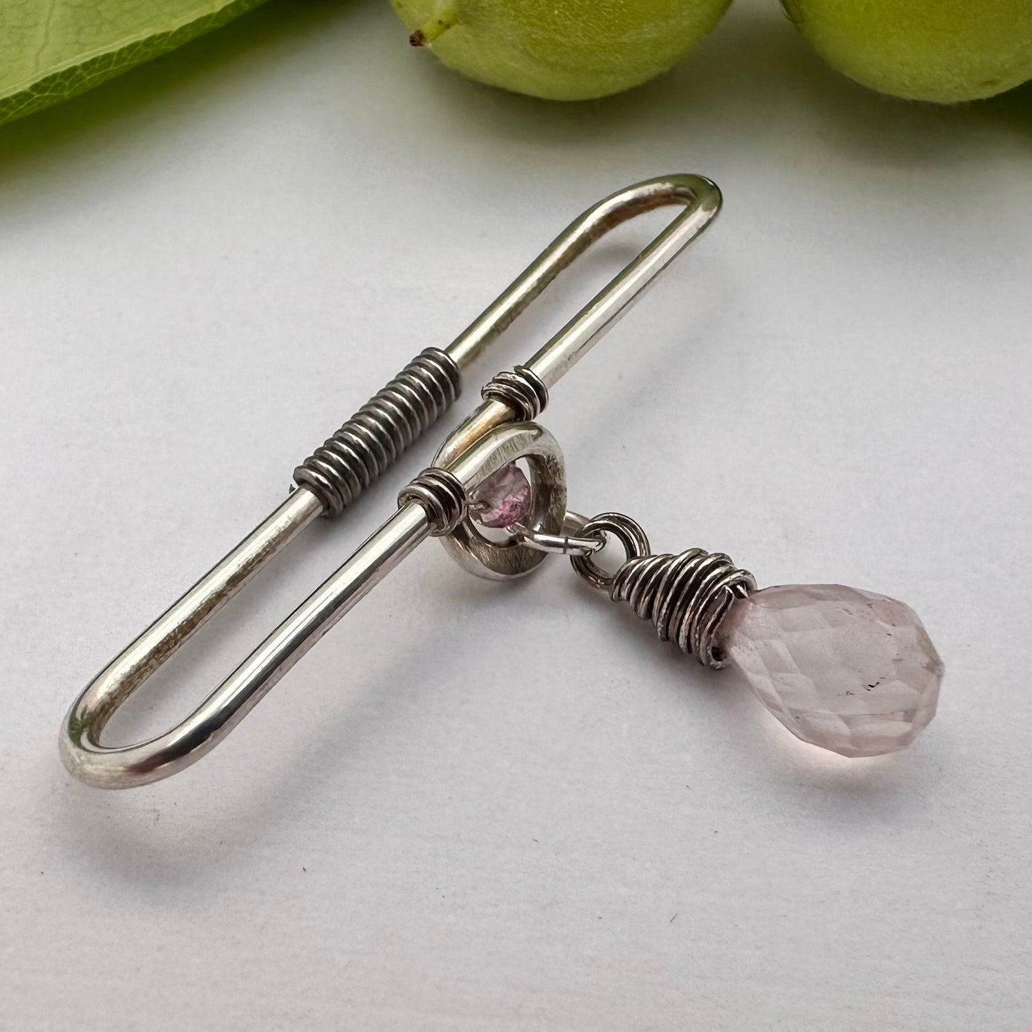 Grecian Rose Quartz Gemstone Dangle Pierced Industrial Ear Bar