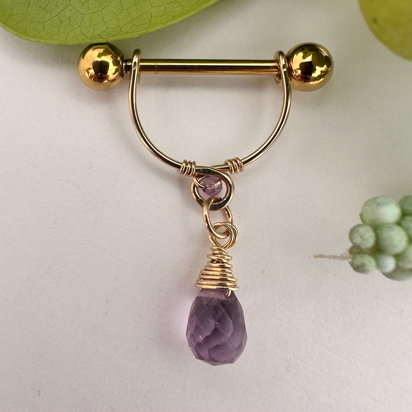 Grecian Amethyst Briolette Dangle Nipple Ring Barbell