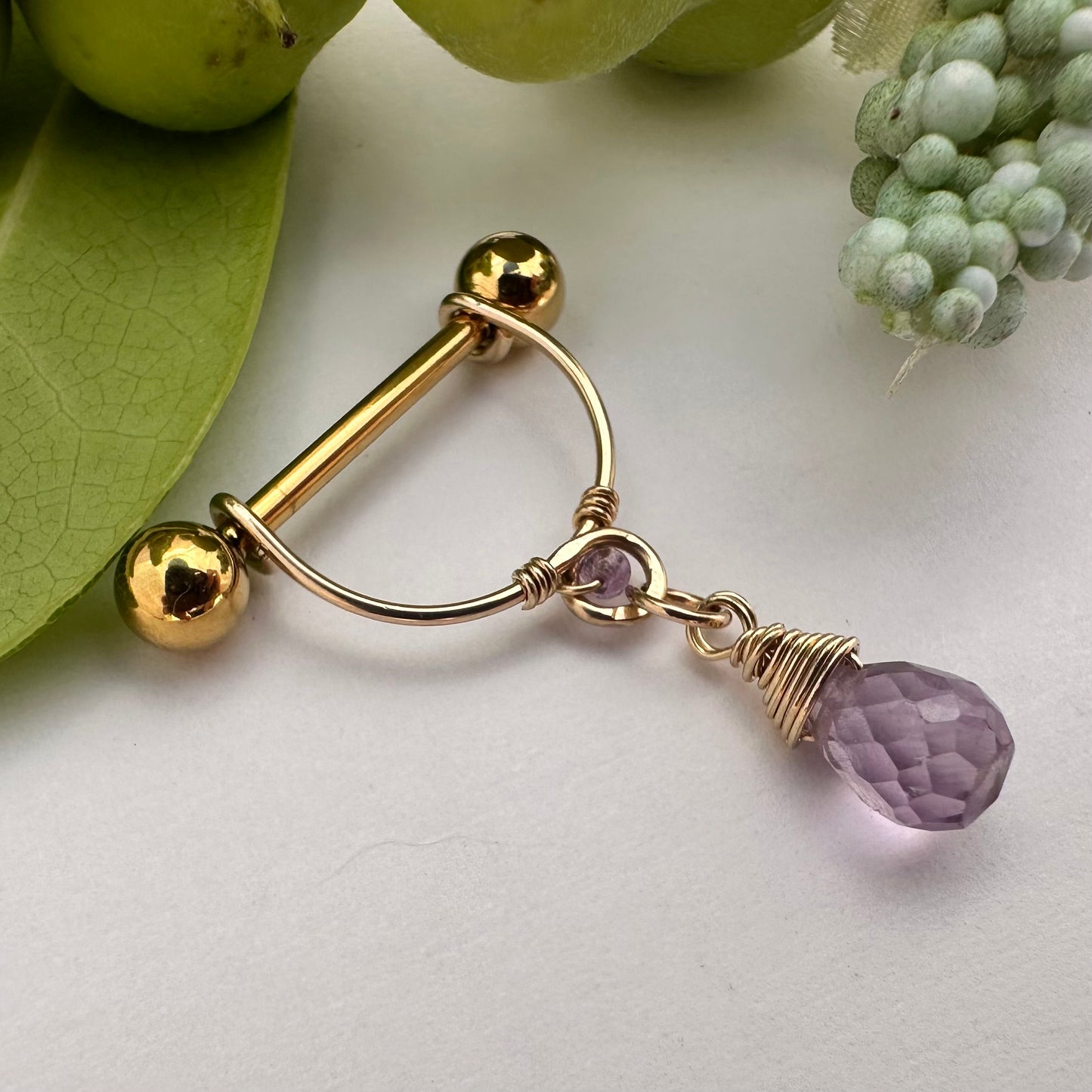 Grecian Amethyst Briolette Dangle Nipple Ring Barbell