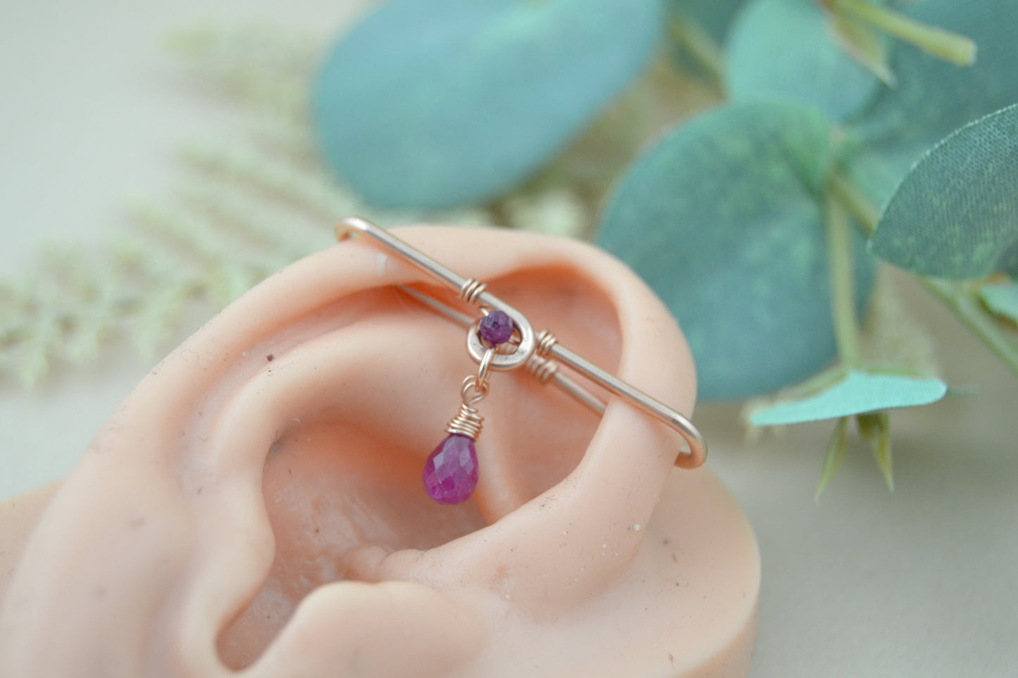 14ga Grecian Gemstone Teardrop 14k Rose Gold Pierced Industrial Ear Bar