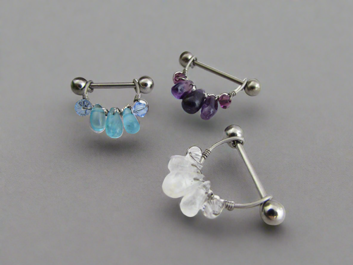 Healing Crystal Gemstone Cluster Titanium Nipple Ring - 1pc