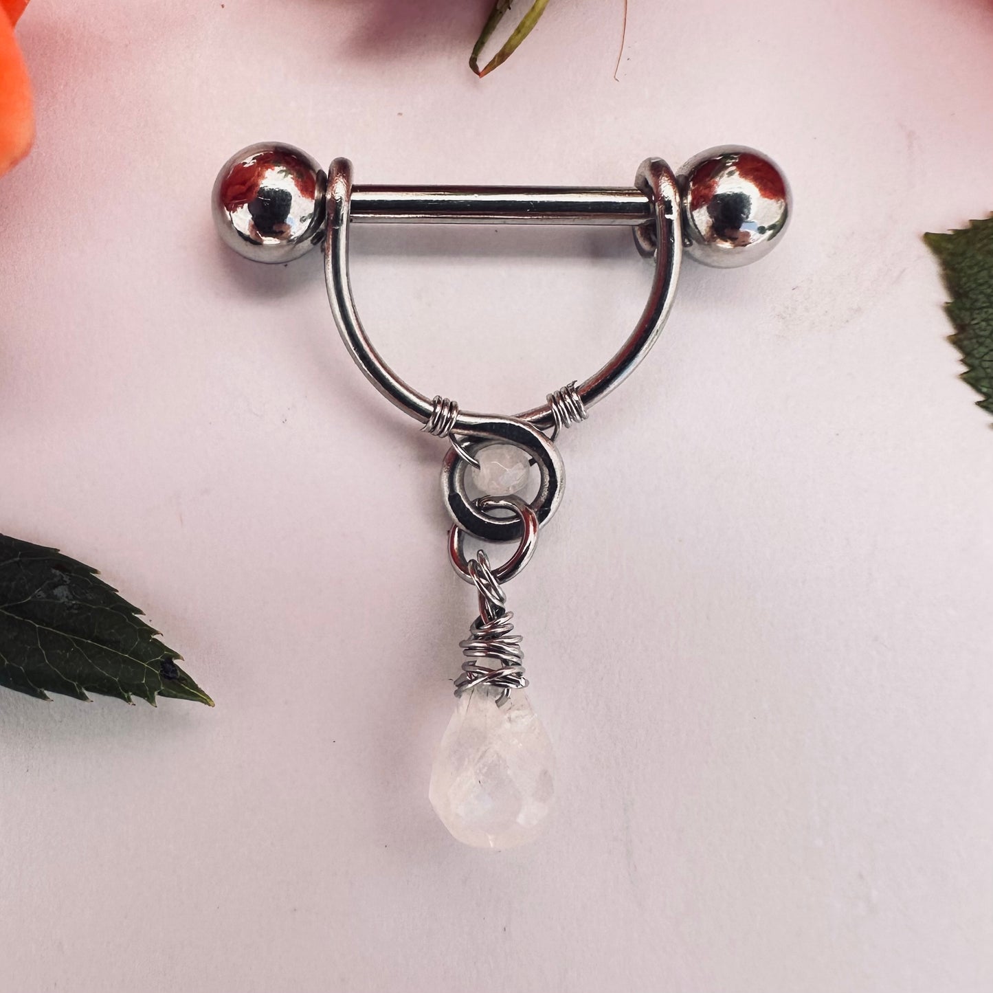 Grecian Briolette Dangle Nipple Ring Barbell - 316L Stainless Steel
