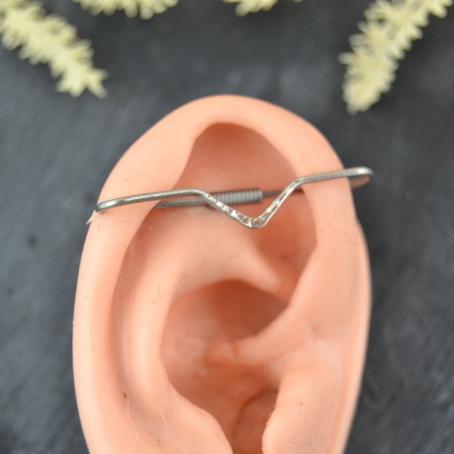 V Textured Pierced Industrial Ear Bar - 16ga