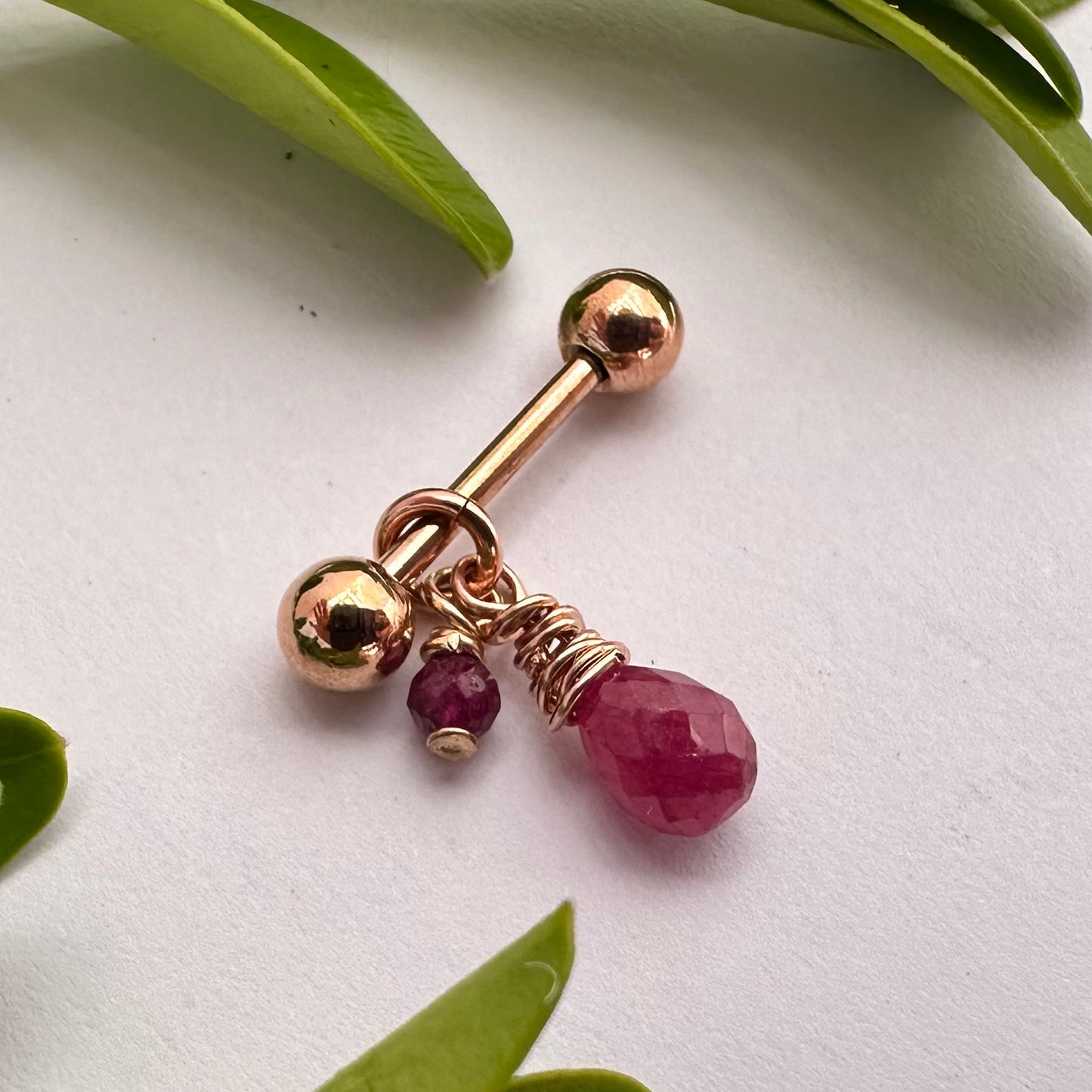 Grecian Ruby Briolette Side Dangle Nipple Ring Barbell