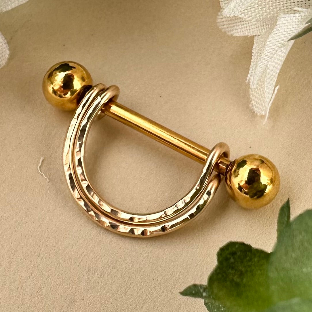Double Banded Textured Nipple Ring Yellow Gold 316L Stainless