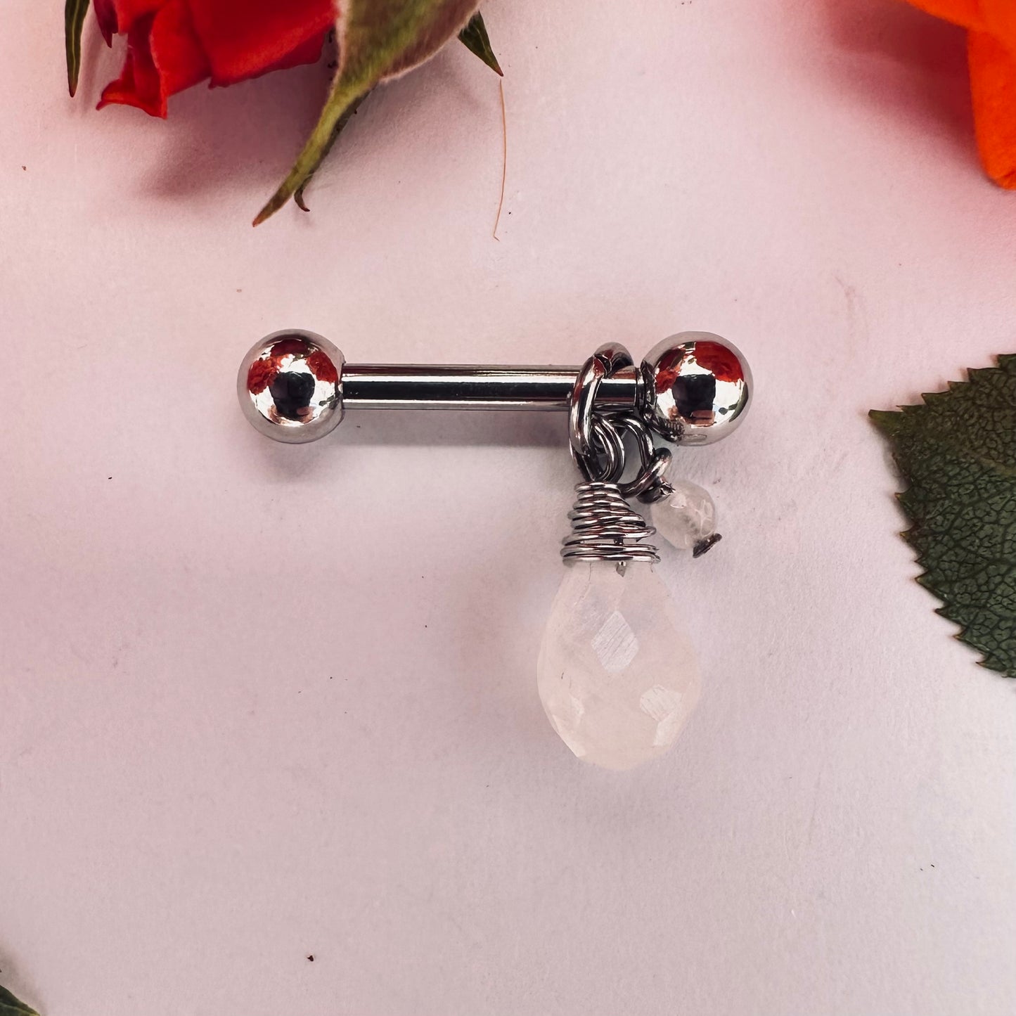 Grecian Briolette Side Dangle Nipple Ring Barbell - 316L Stainless Steel