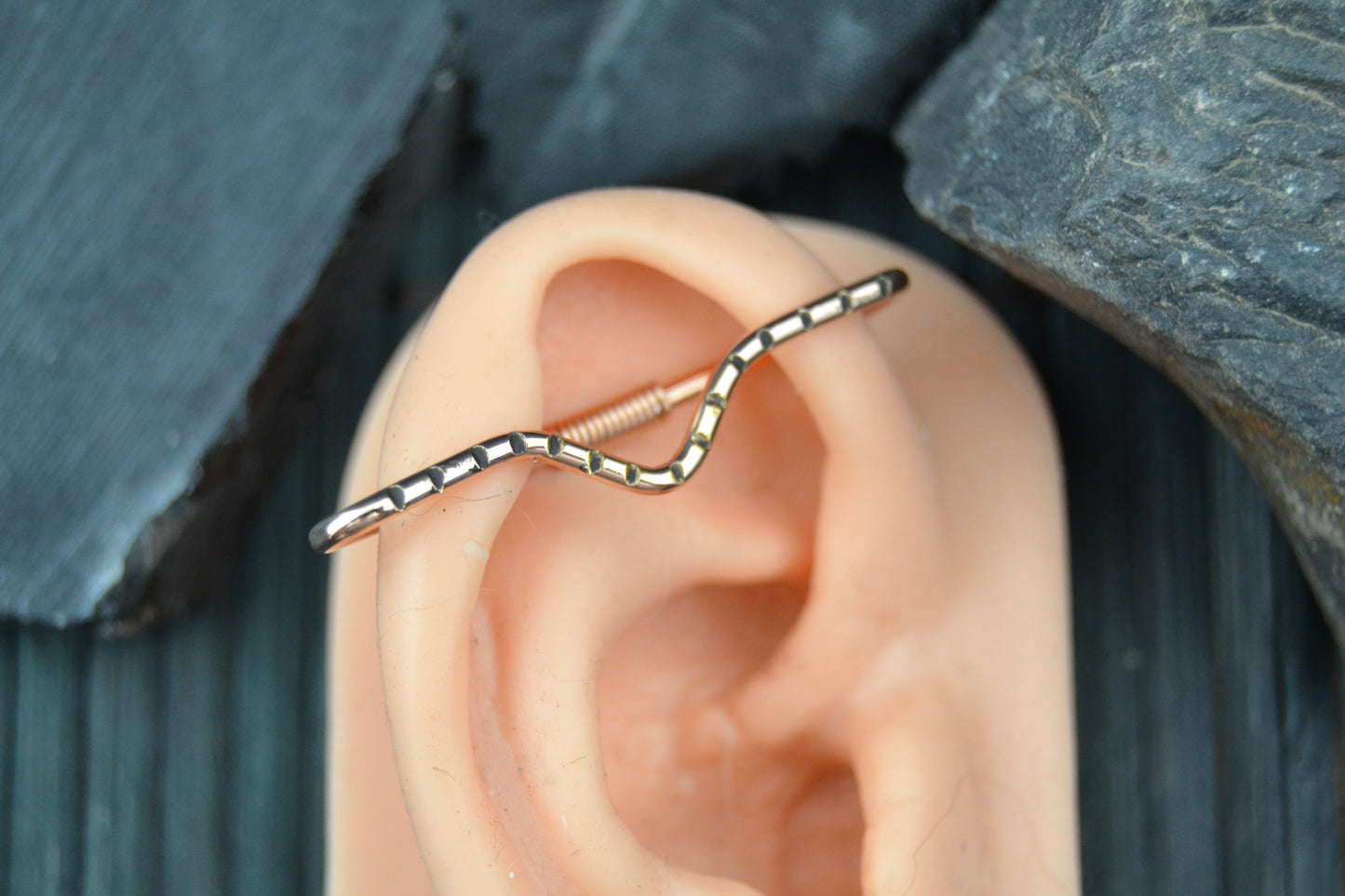 V Hatched Pierced Industrial Ear Bar