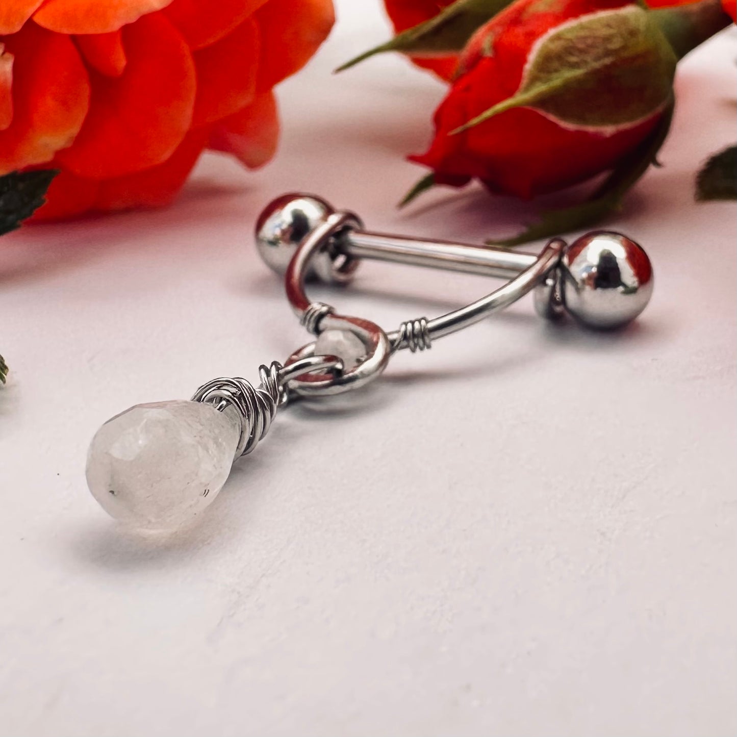 Grecian Briolette Dangle Nipple Ring Barbell - 316L Stainless Steel