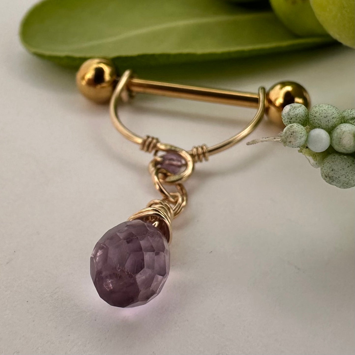 Grecian Amethyst Briolette Dangle Nipple Ring Barbell