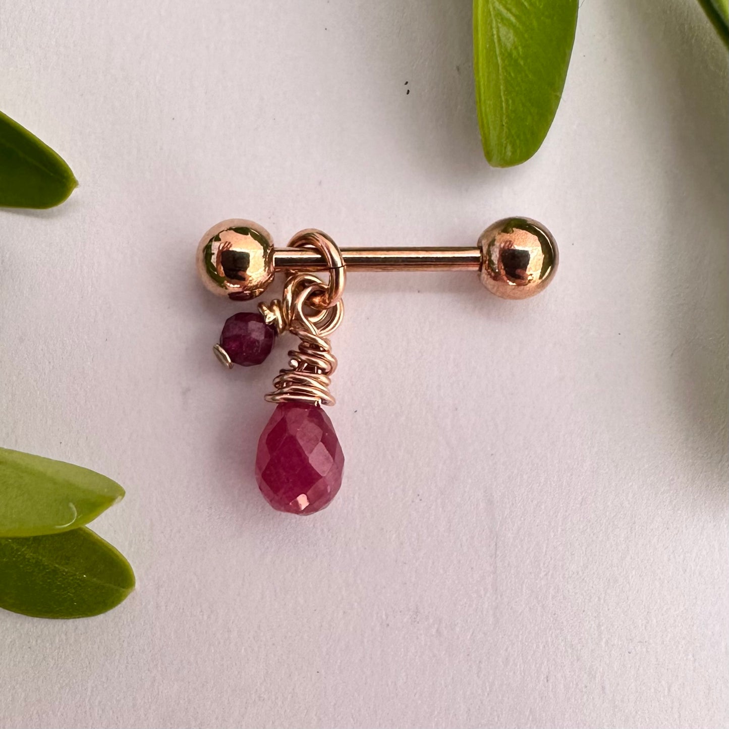 Grecian Ruby Briolette Side Dangle Nipple Ring Barbell