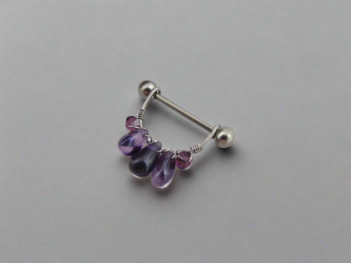 Healing Crystal Gemstone Cluster Titanium Nipple Ring - 1pc