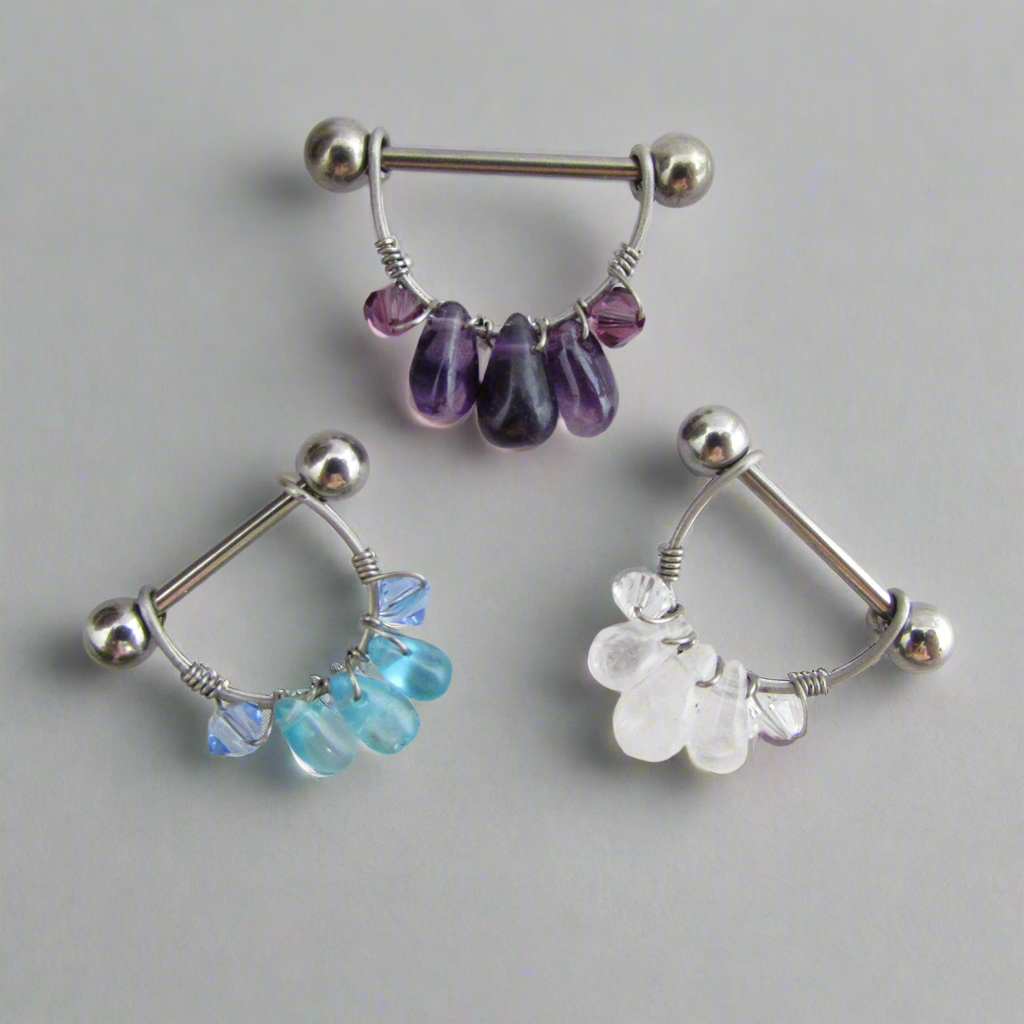 Healing Crystal Gemstone Cluster Titanium Nipple Ring - 1pc