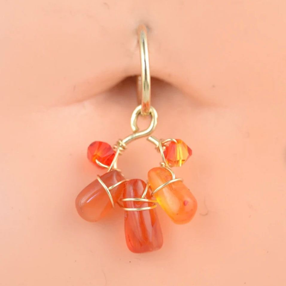 Healing Crystal Dangle Cluster 10k Yellow Gold Belly Ring