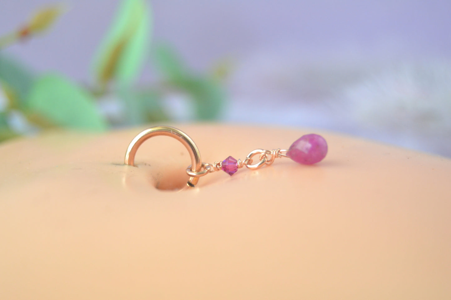 Gemstone Briolette & Crystal Long Dangle Hoop Belly Ring - Rose Gold Fill, Removable