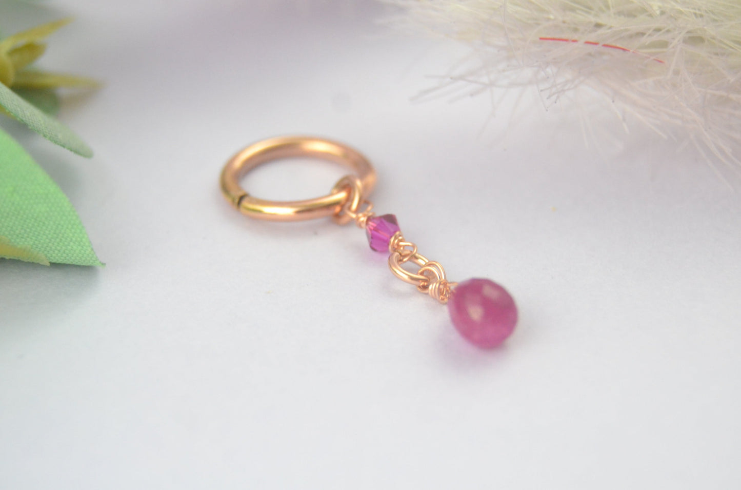 Gemstone Briolette & Crystal Dangle Cartilage Hoop - Rose Gold Fill, Removable