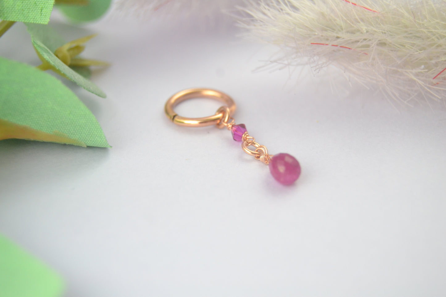 Gemstone Briolette & Crystal Long Dangle Hoop Belly Ring - Rose Gold Fill, Removable