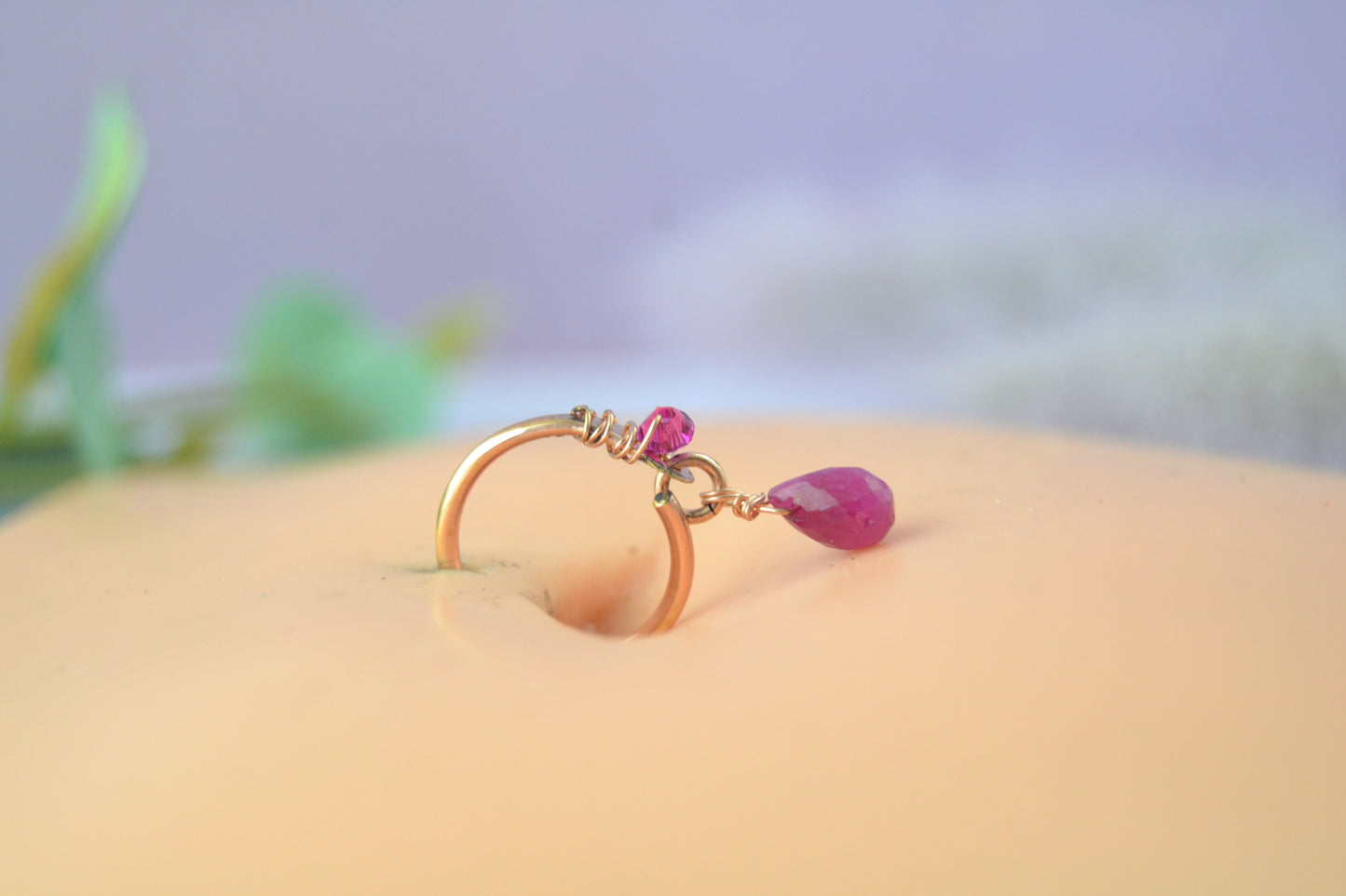Gemstone Briolette & Crystal Dangle Hoop Belly Ring - Rose Gold Fill