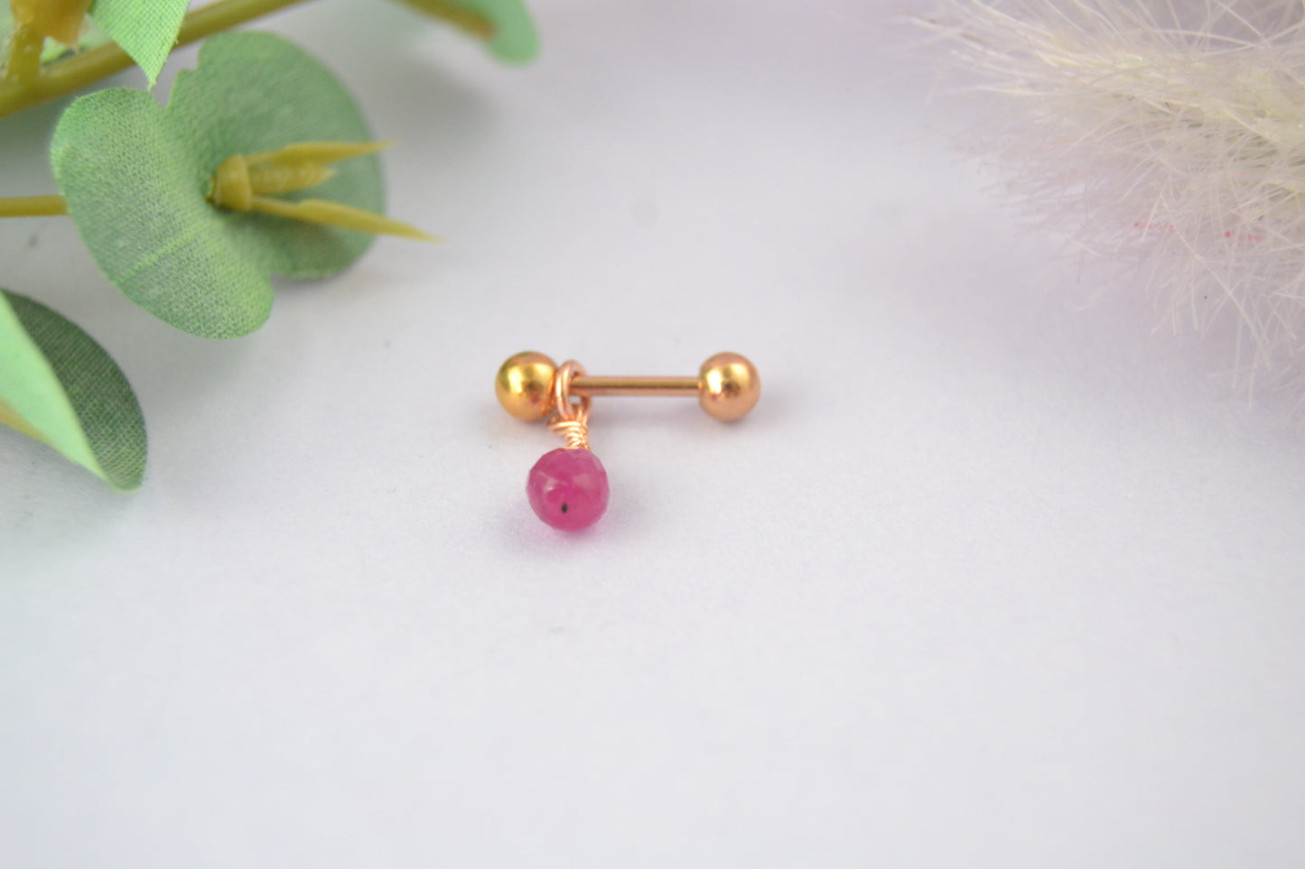 Gemstone Briolette Short Dangle Cartilage Barbell - Rose Gold IP 316L Stainless Steel