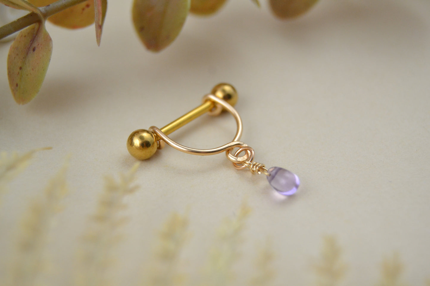 Teardrop Dangle Gemstone Yellow Gold IP Nipple Ring - 14ga 1pc