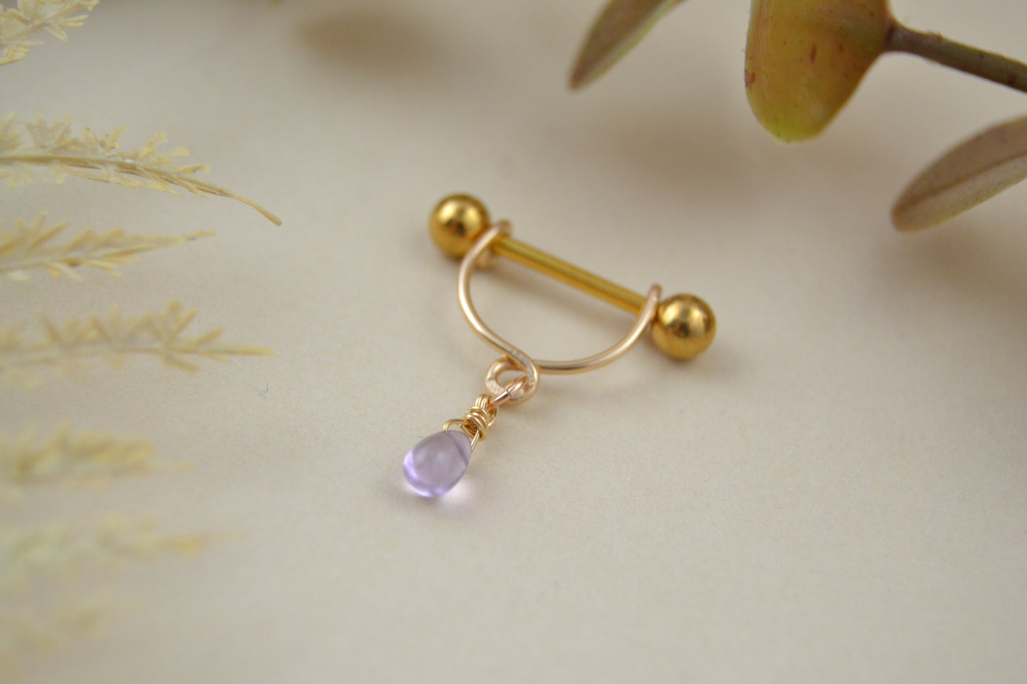 Teardrop Dangle Gemstone Yellow Gold IP Nipple Ring - 14ga 1pc