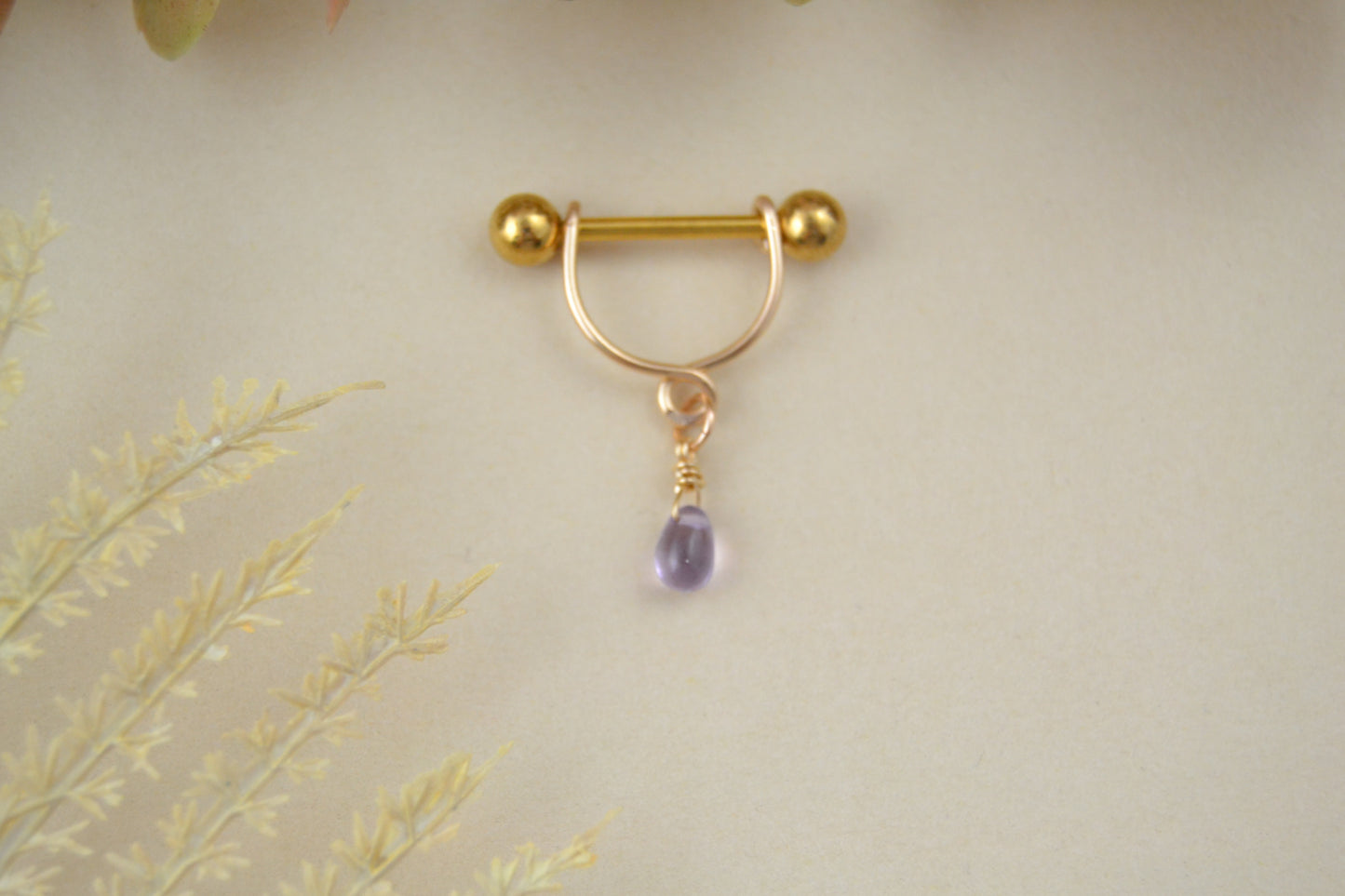 Teardrop Dangle Gemstone Yellow Gold IP Nipple Ring - 14ga 1pc