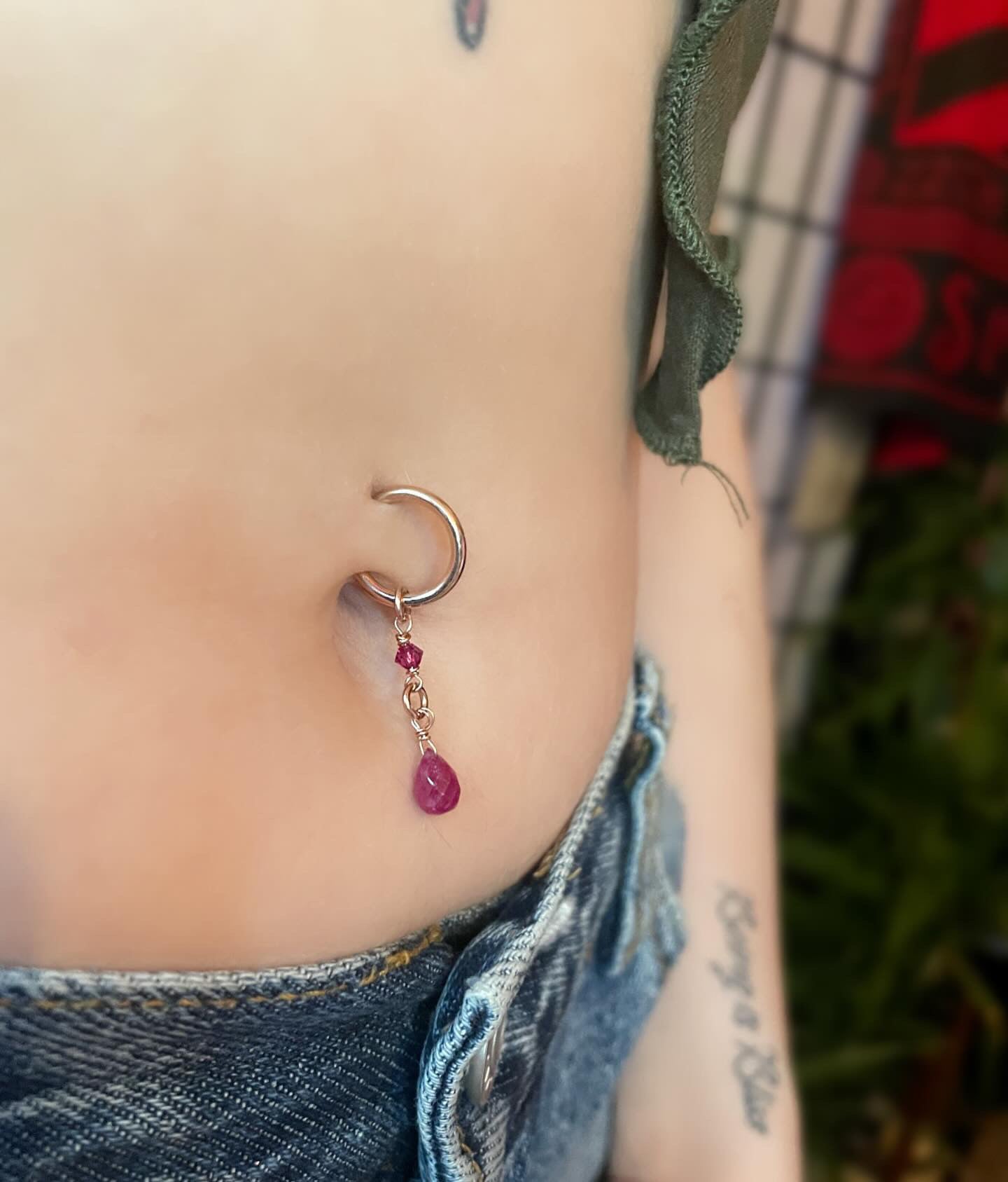Gemstone Briolette & Crystal Long Dangle Hoop Belly Ring - Rose Gold Fill, Removable