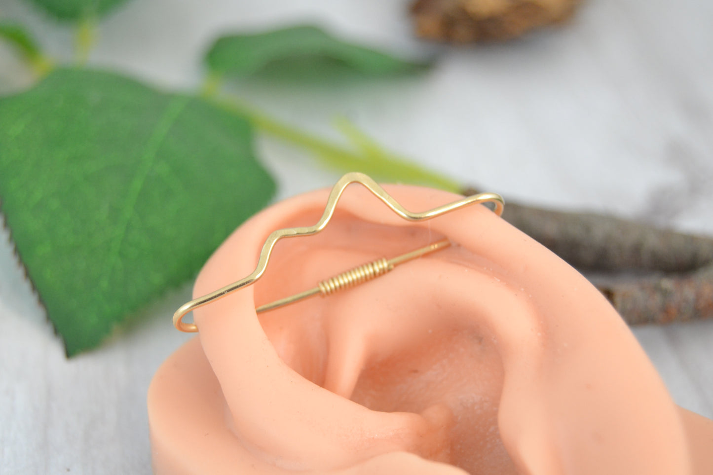 Mountain 18k Yellow Gold Textured Pierced Industrial Ear Bar