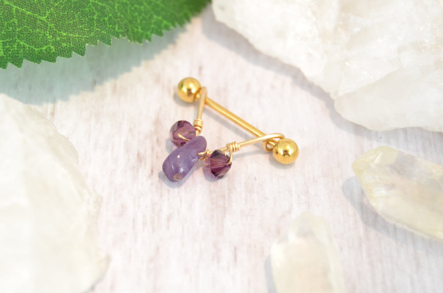 Healing Crystal V Yellow Gold IP 316L Stainless Steel Nipple Ring - 1pc
