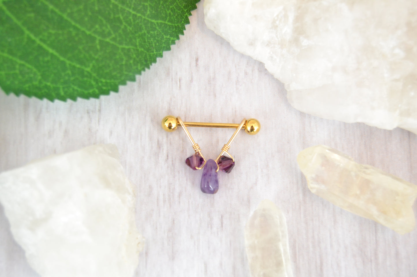 Healing Crystal V Yellow Gold IP 316L Stainless Steel Nipple Ring - 1pc