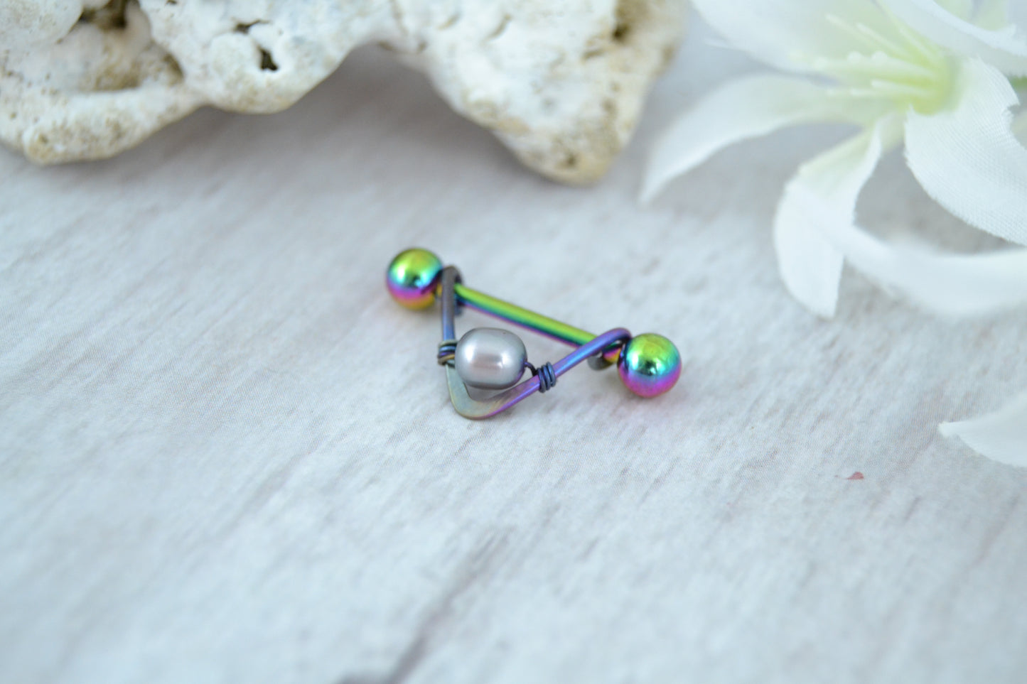 Pearl V Shaped Rainbow Nipple Ring - 1 pc