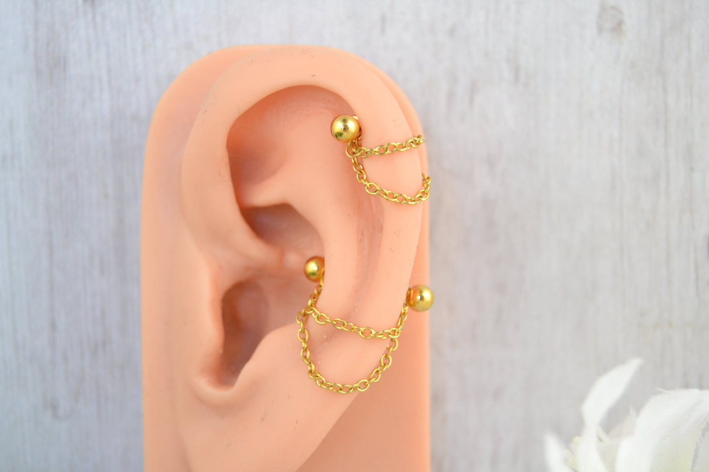 Dainty Layered Chain Barbell Cuff - Gold IP 316L Stainless Steel