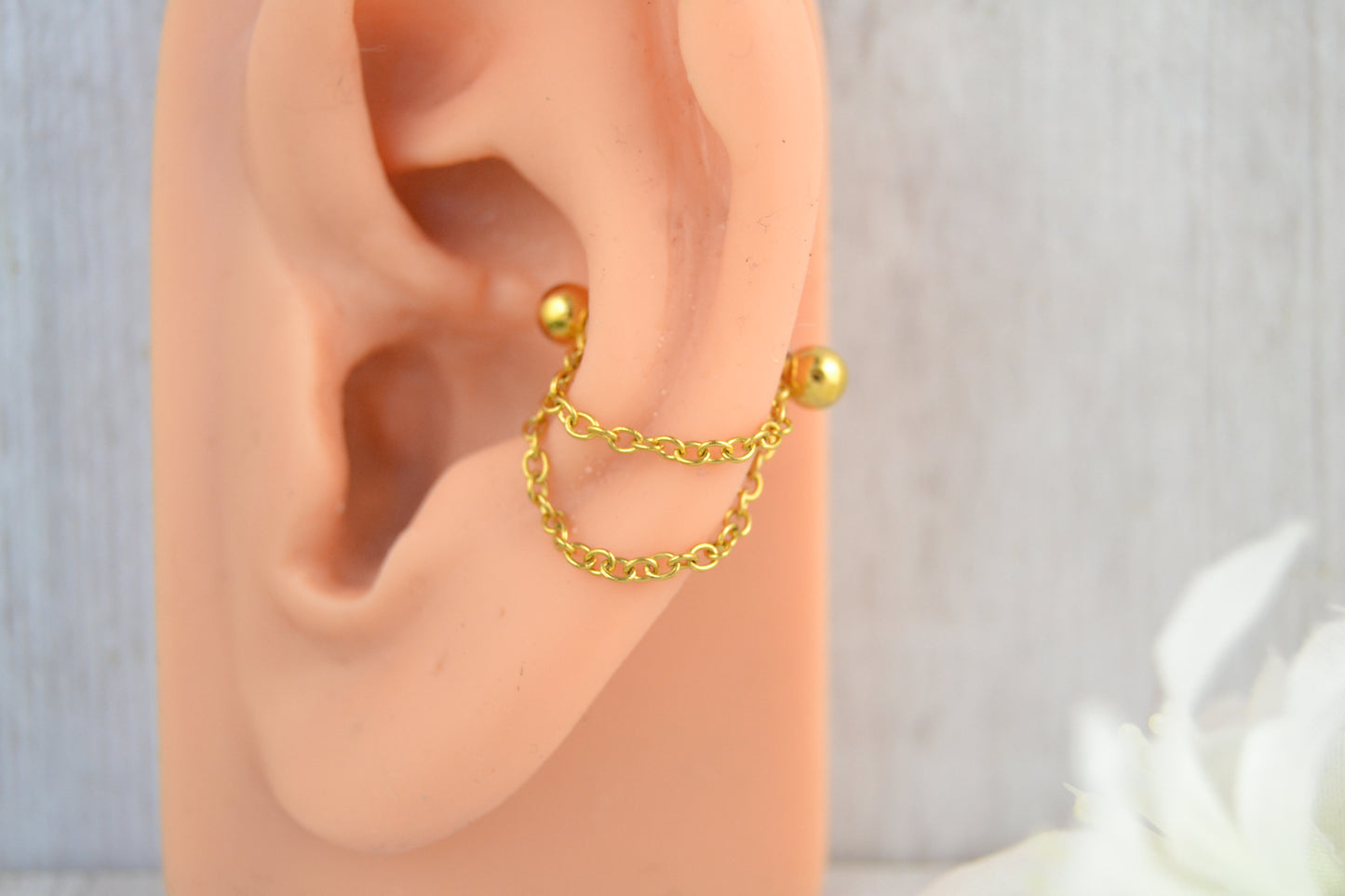 Dainty Layered Chain Barbell Cuff - Gold IP 316L Stainless Steel