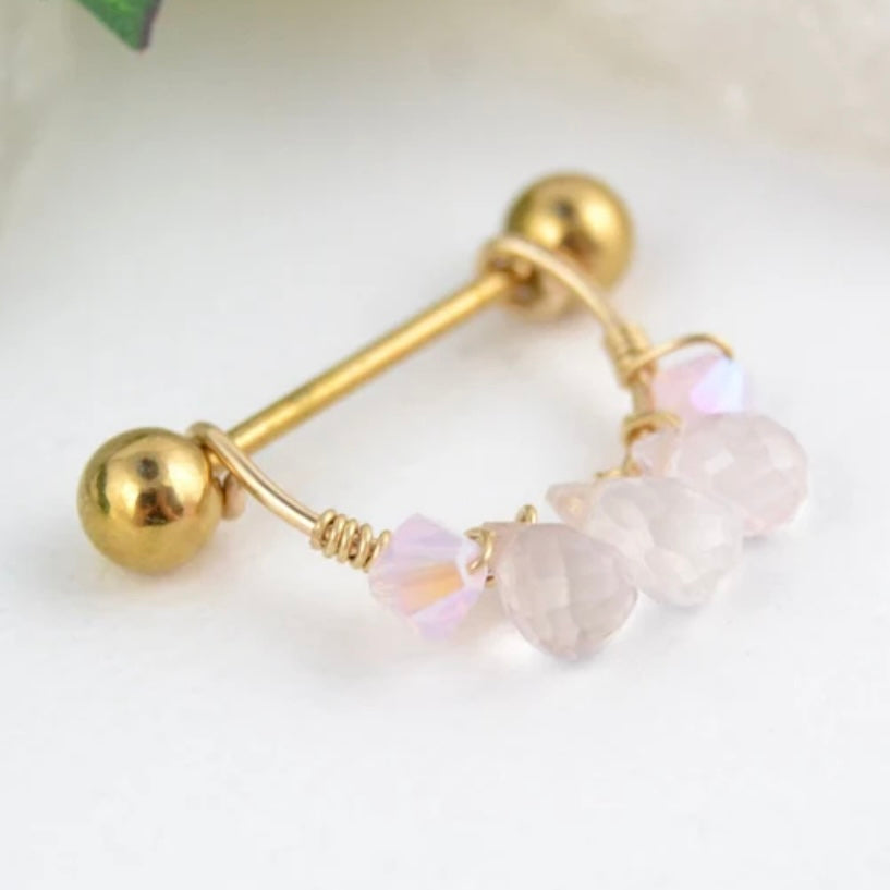 Healing Crystal Gemstone Cluster Yellow Gold IP 316L Stainless Steel Nipple Ring - 1 pc