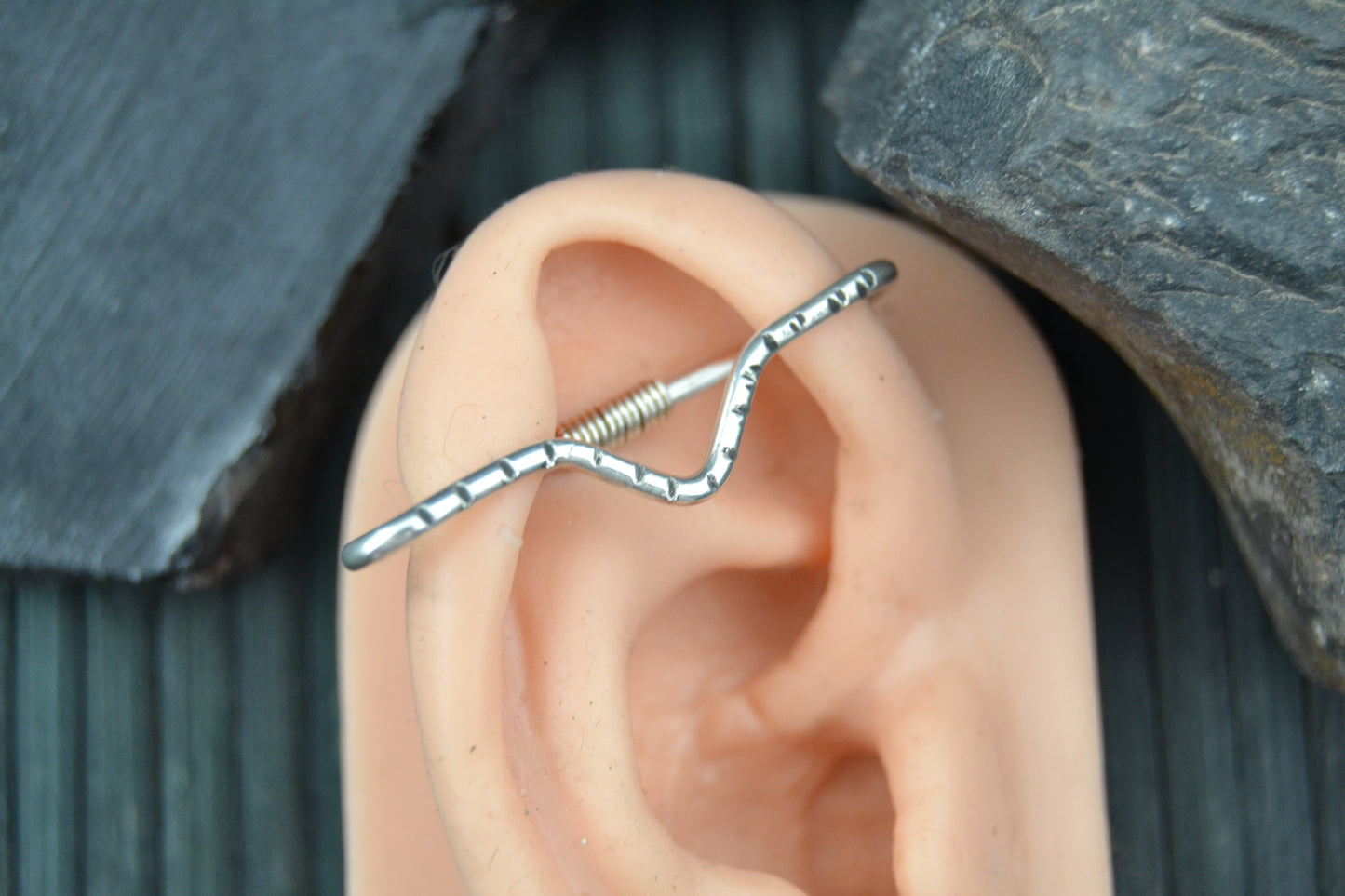 V Hatched Pierced Industrial Ear Bar