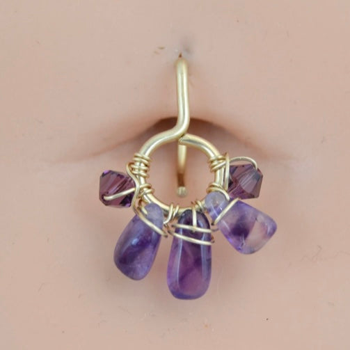 Healing Crystal Cluster Non Dangle Belly Ring - Yellow Gold Fill