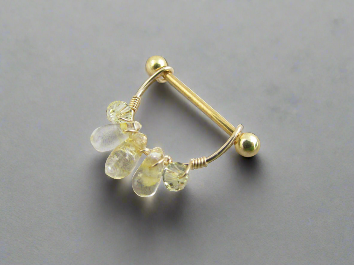 Healing Crystal Gemstone Cluster Yellow Gold IP 316L Stainless Steel Nipple Ring - 1 pc