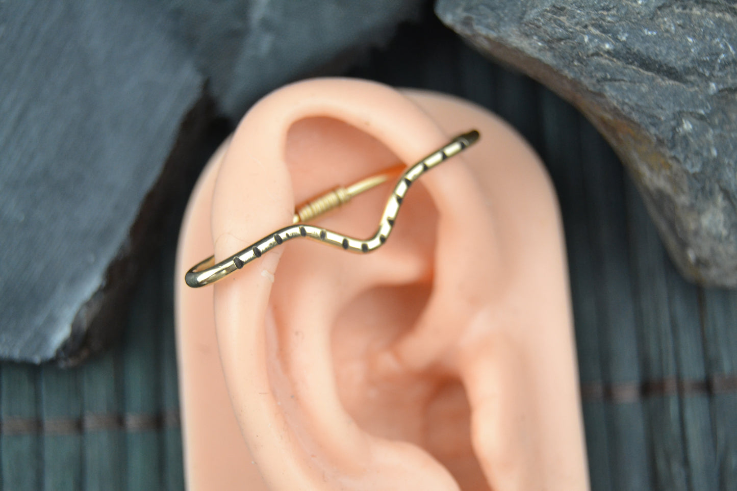 V Hatched Pierced Industrial Ear Bar