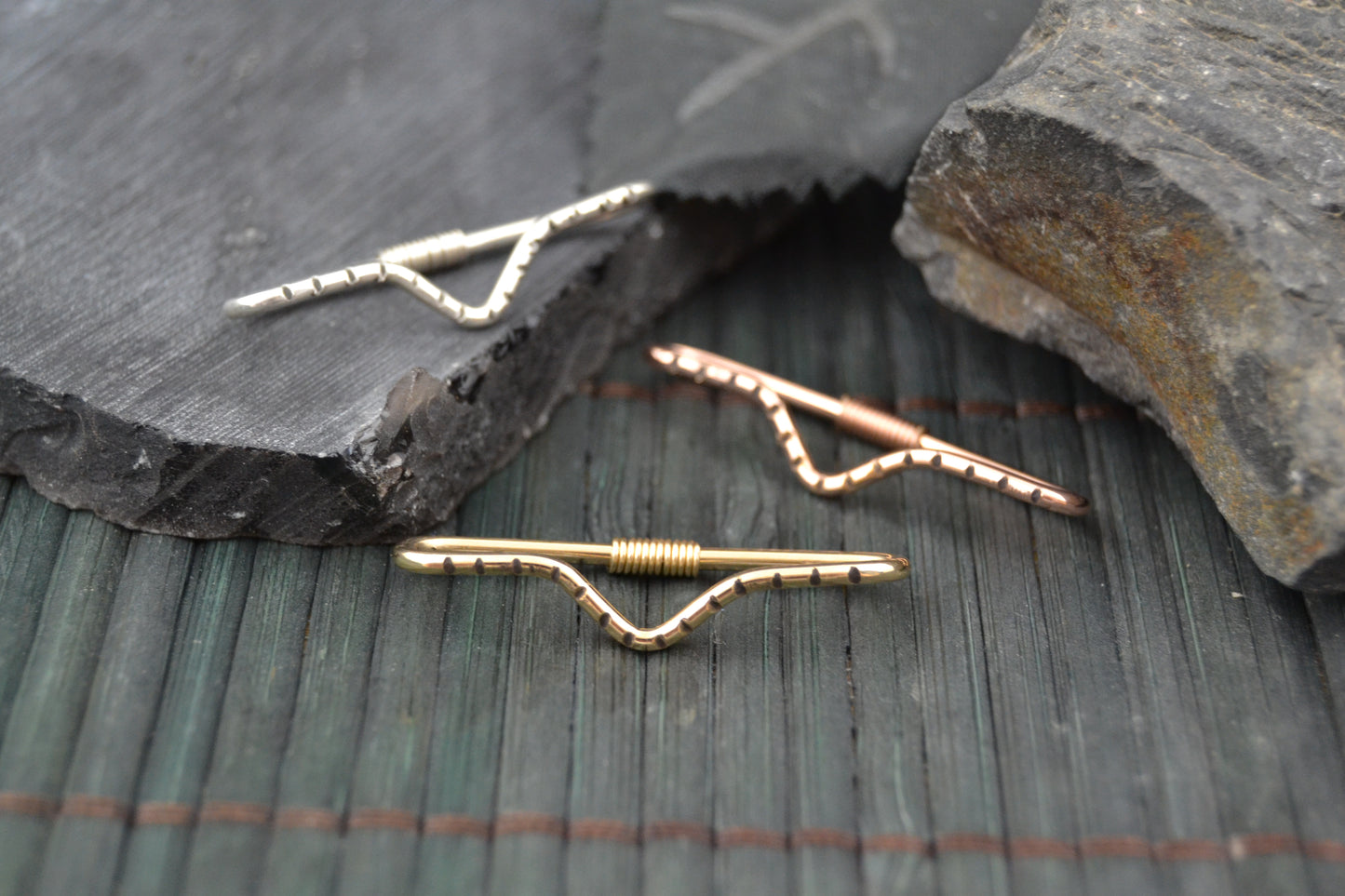 V Hatched Pierced Industrial Ear Bar