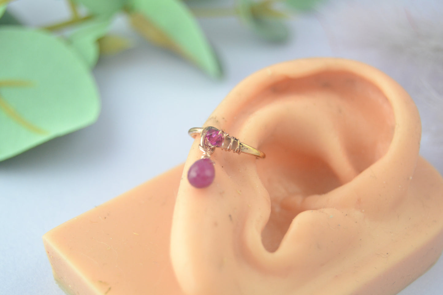 Greecian Hellene Ruby Dangle Rose Gold Fill Conch Earring