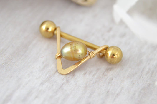Pearl V Shaped Yellow Gold Nipple Ring - 1 pc