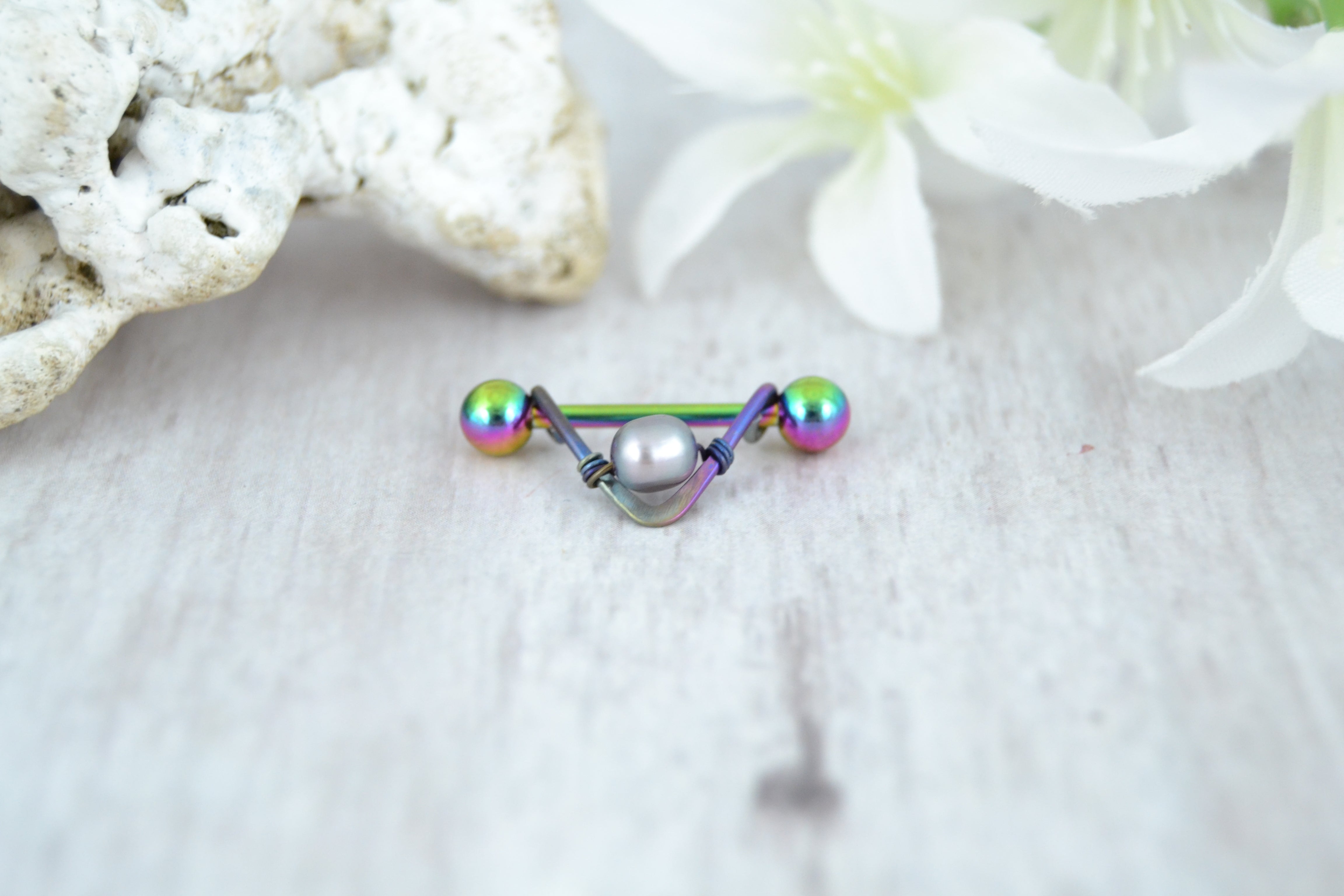 Pearl V Shaped Rainbow Nipple Ring - 1 pc