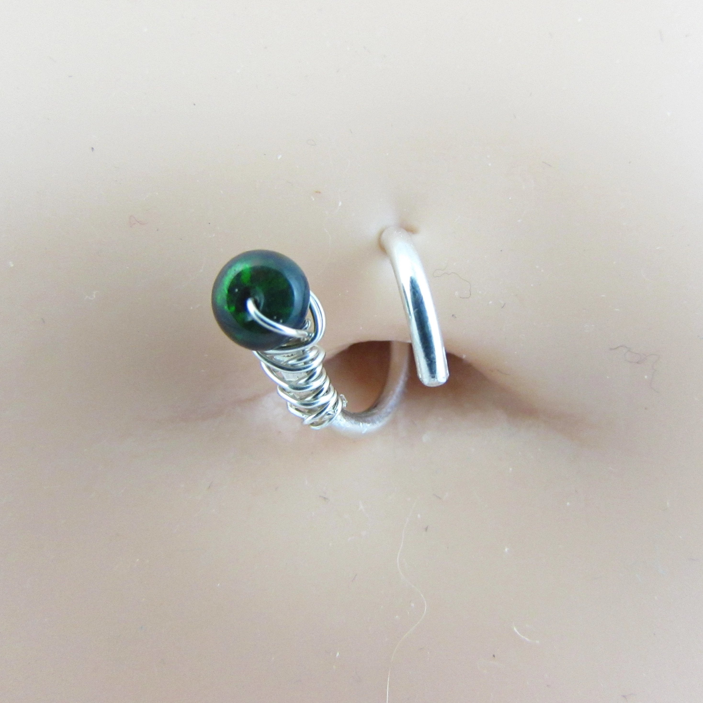 14k Palladium White Gold Spiral Belly Ring Opal Wrapped Stone - 18g 16g